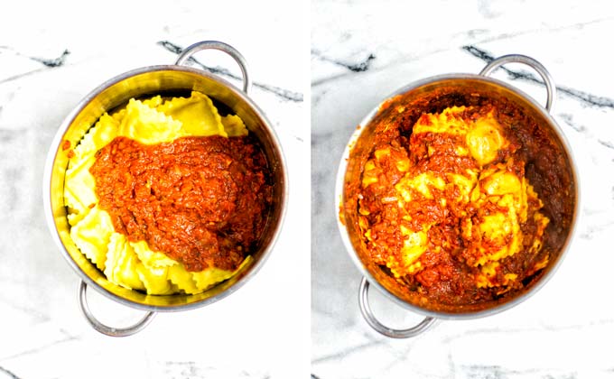 In a large metal pot, the pre-cooked ravioli and the tomato sauce are combined.