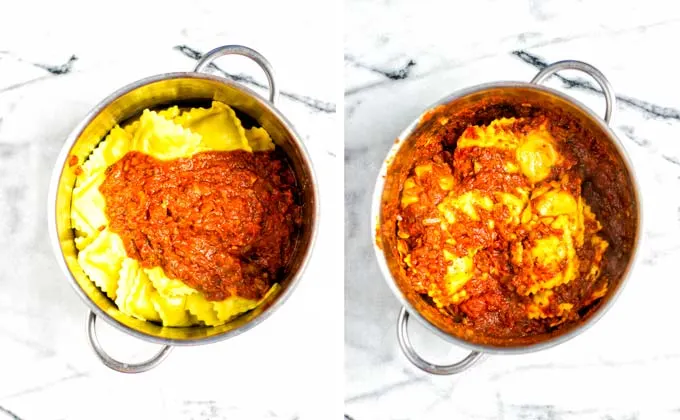 In a large metal pot, the pre-cooked ravioli and the tomato sauce are combined.