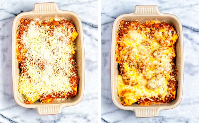 The Ravioli Bake before and after it goes into the oven for baking.