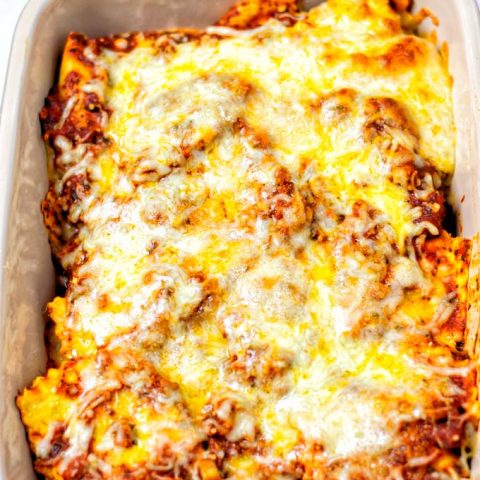 A closeup of the Ravioli Bake in the casserole dish.