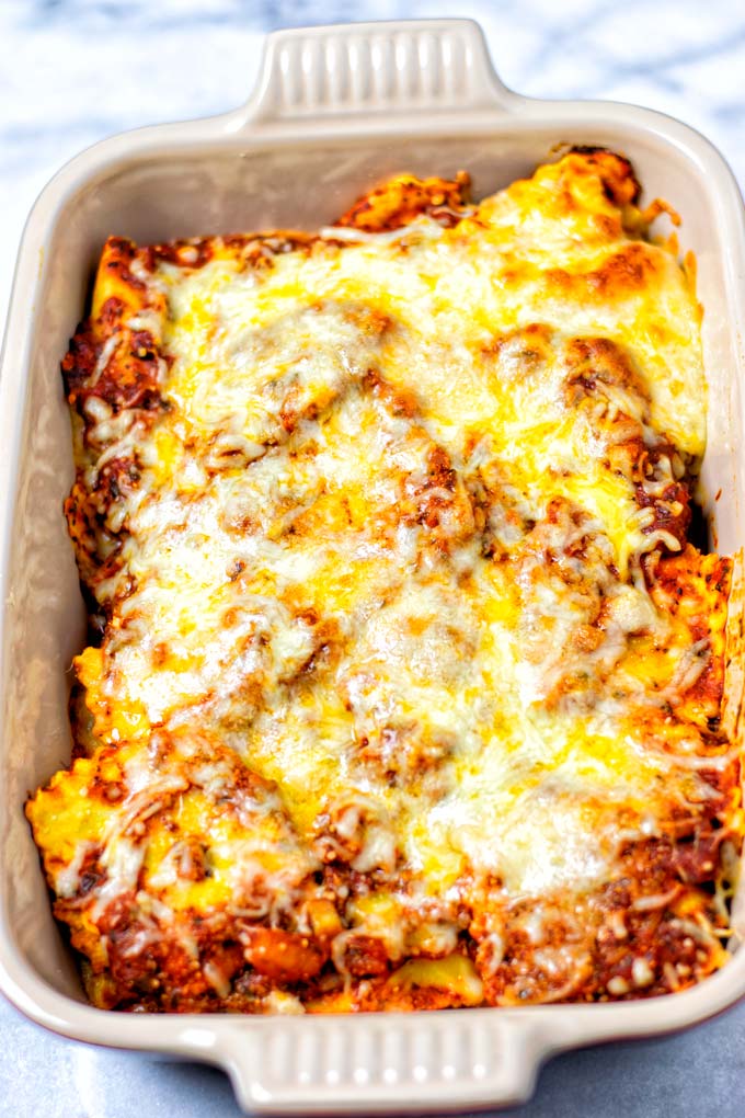 A closeup of the Ravioli Bake in the casserole dish. 