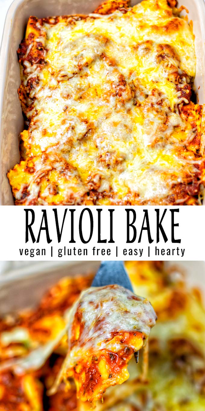 Collage of two pictures of the Ravioli Bake with recipe title text.