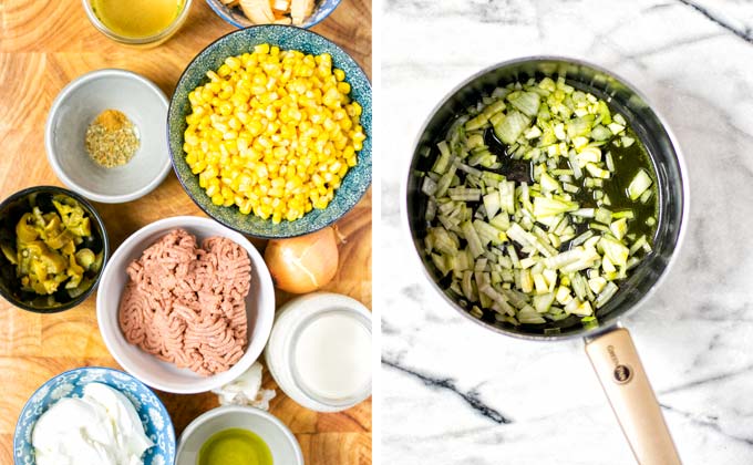 Ingredients for the Corn Soup assembled in a wooden board.