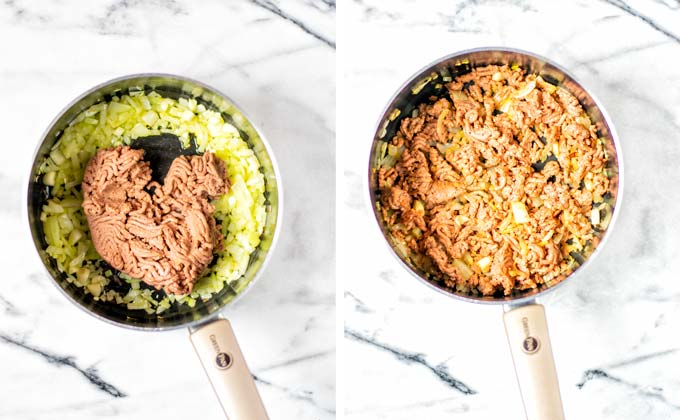 Showing side by side how diced onions and vegan ground beef are fried in a pot.