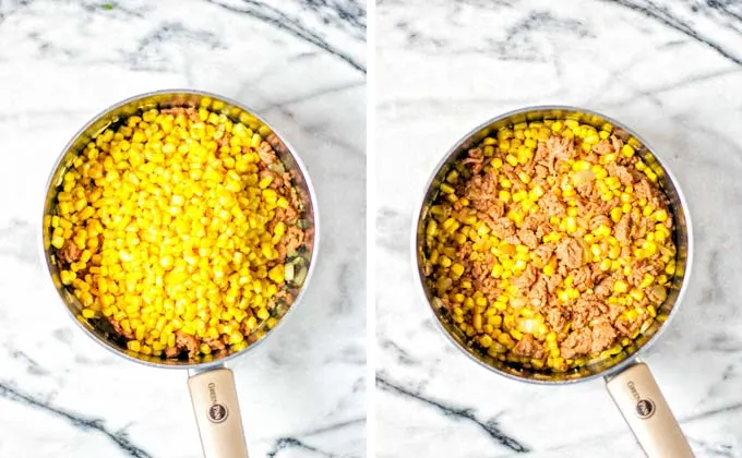 Showing how corn is added to the vegan beef and onion mixture.