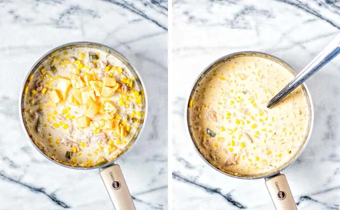 Finally vegan cheddar is given to the Corn Soup and melted.