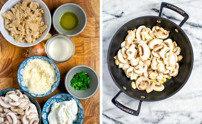 Ingredients for the Creamy Mushrooms collected in small bowls on a wooded board.