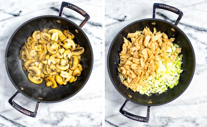 Side by side view showing fried mushrooms, and another frying pan with vegan chicken strips, onions and garlic.