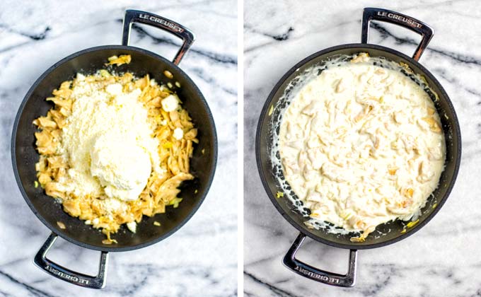 Showing how to add vegan Parmesan to the frying pan and the creamy sauce after mixing all together.