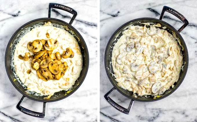 Final step of adding the pre-fried mushrooms back to the pan is being shown. 