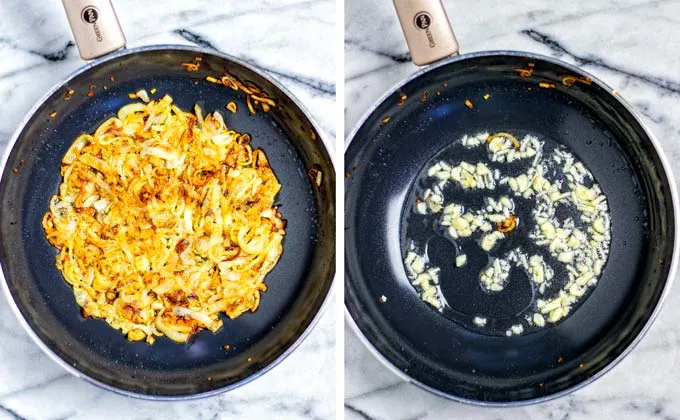 Showing the caramelization of onion rings in a frying pan.