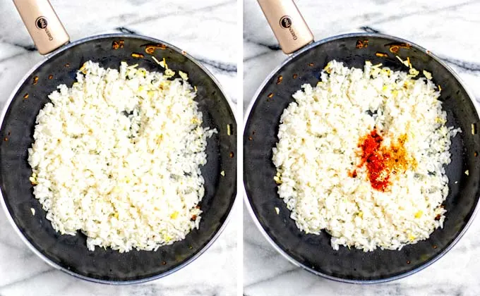 Showing how leftover rice is fried with garlic and spices.