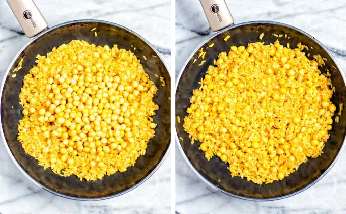 Side by side view of chickpeas being added to the frying rice, before and after mixing.