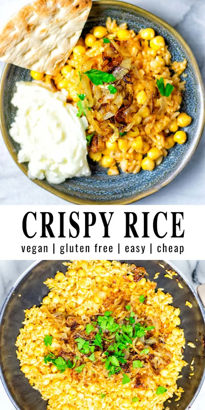 Collage of two pictures of the Crispy Rice with recipe title text.