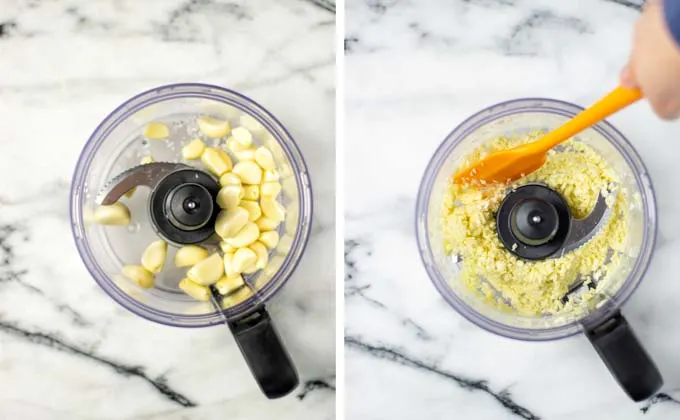 Showing side-by-side the garlic cloves in a food processor, before and after pulsing.