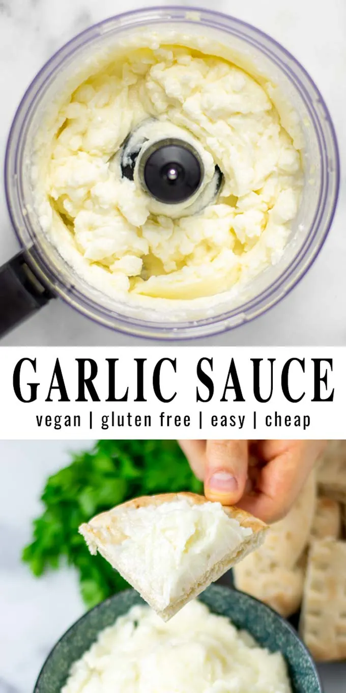 Collage of two pictures of the Garlic Sauce with recipe title text.