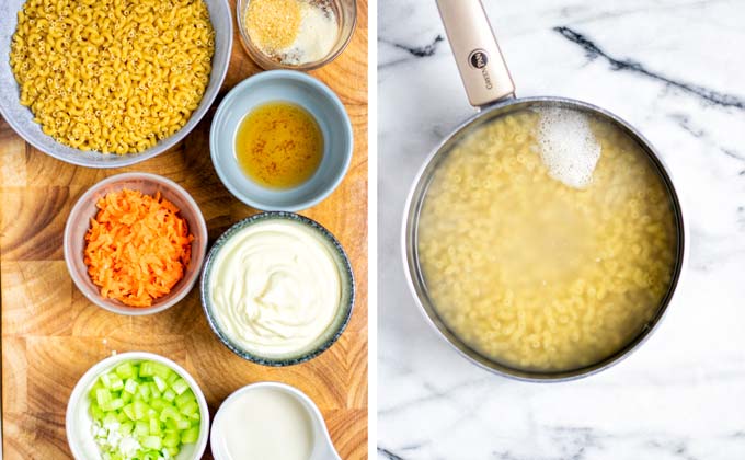 Ingredients needed for this Hawaiian Macaroni Salad assembled on a wooden board.