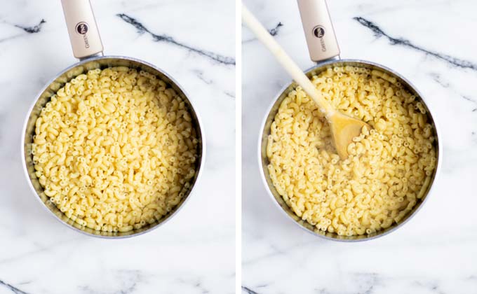 Showing side by side the drained macaroni pasta and mixed with the vinegar.