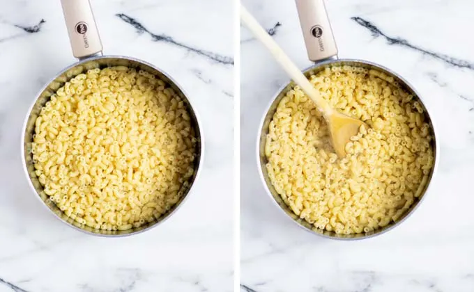 Showing side by side the drained macaroni pasta and mixed with the vinegar.