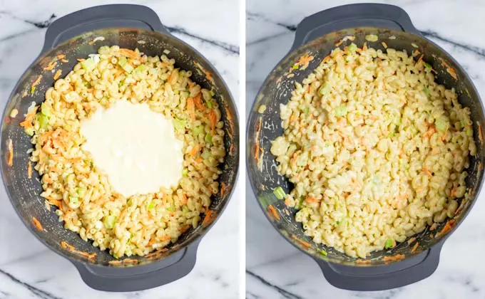 Showing how the remaining dressing is mixed into the salad.