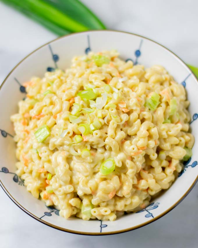 View of the Hawaiian Macaroni Salad in a large bowl.