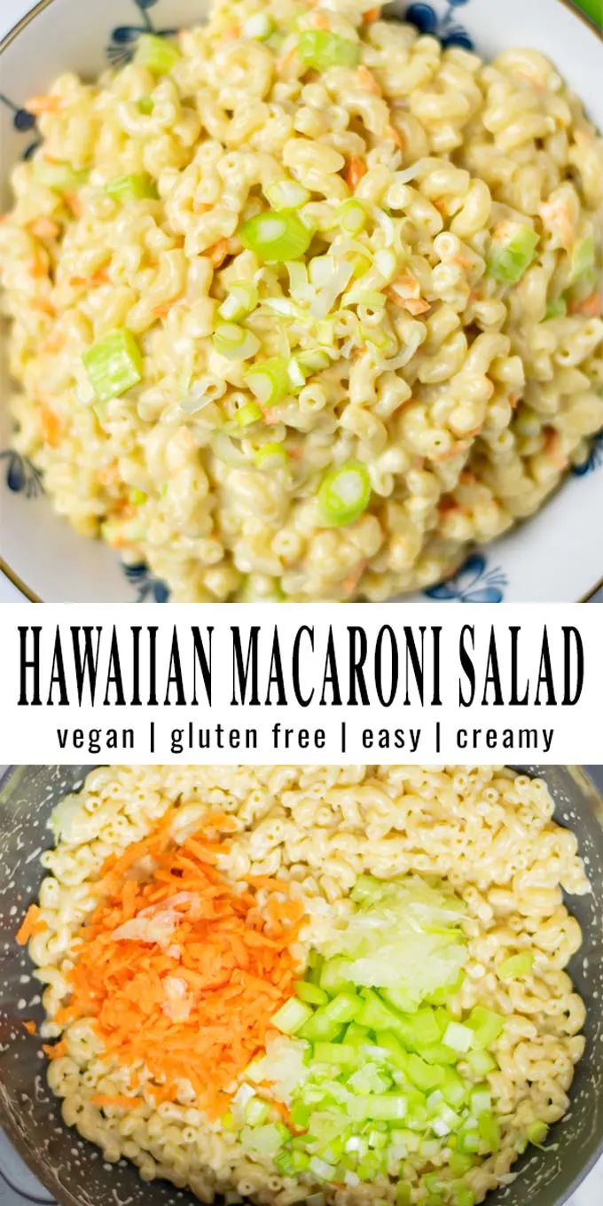 Collage of two pictures of the Hawaiian Macaroni Salad with recipe title text.