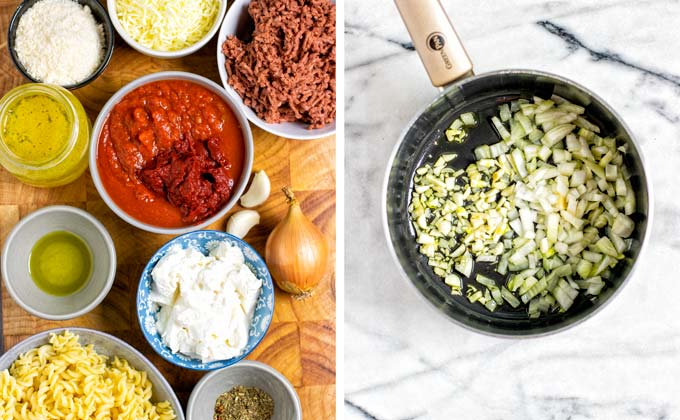 Ingredients for making the Lasagna Soup collected in small bowls on a wooden board.