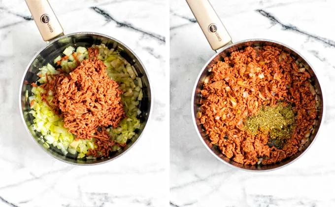 Showing side-by-side the frying of diced onions and vegan ground beef, before and after, with seasonings added.