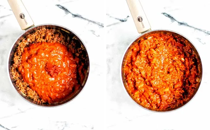 Showing how tomato sauce is added to the prefried mix of vegan ground beef and onions.