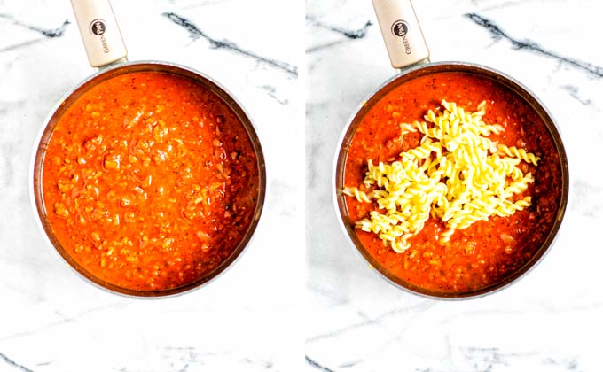 Side by side view showing how first vegetable broth and then precooked pasta is given to the saucepan with the vegan meat sauce.