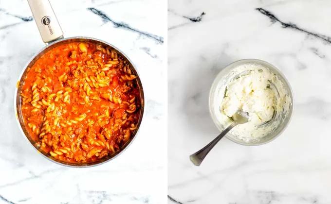 A side by side view of the finished Lasagna Soup and a small bowl with the vegan ricotta cheese topping.