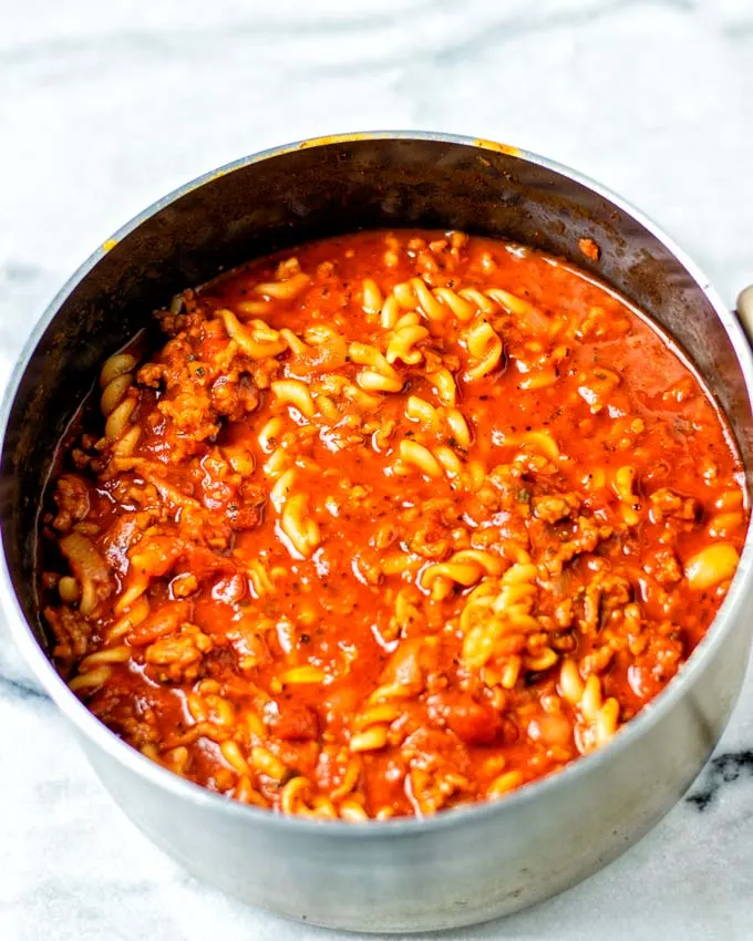 View of the Lasagna Soup in a large saucepan.