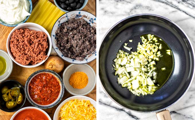 Ingredients for the Mexican Lasagna are assembled on a wooden board.