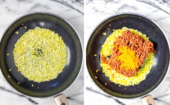 Side by side view of a large frying pan with pre-fried onion dices and added vegan ground beef.