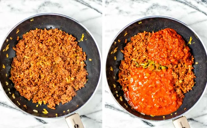 Side by side view of fried and seasoned vegan ground beef, with added tomato sauce and tomato paste.