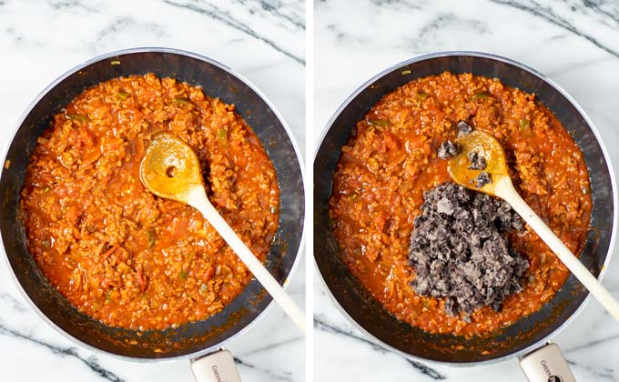 Showing how mashed black beans are added to the vegan ground beef sauce for the Mexican Lasagna.