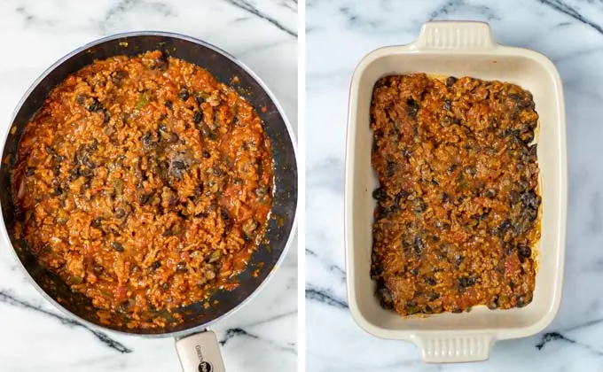 Showing the first steps of the assembly of the Mexican Lasagna and the beef mixture is added to a casserole dish.