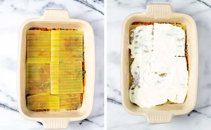 Showing the next two layers: lasagna noodles and vegan sour cream.