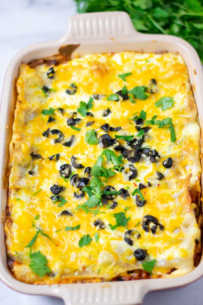 Baked Mexican Lasagna with fresh cilantro given over it.