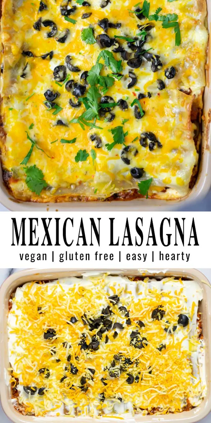 Collage of two pictures of the Mexican Lasagna with recipe title text.