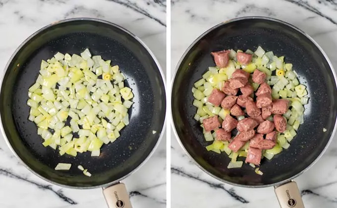 Side by side view of a frying pan with coarsely diced onions, garlic, and vegan sausage.