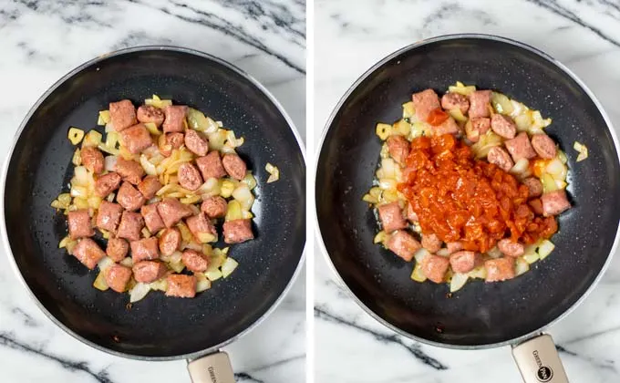 Side by side view of the fried vegan sausage and after adding tomato dices.