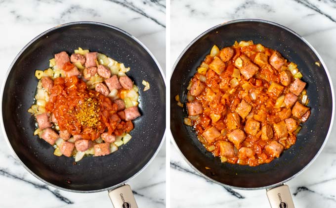 Showing the addition of the spice mix to the pan with the sausage.