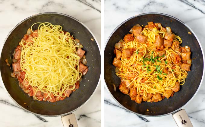 Showing how pre-cooked pasta is given to the frying pan with the tomato-sausage sauce, and after mixing.