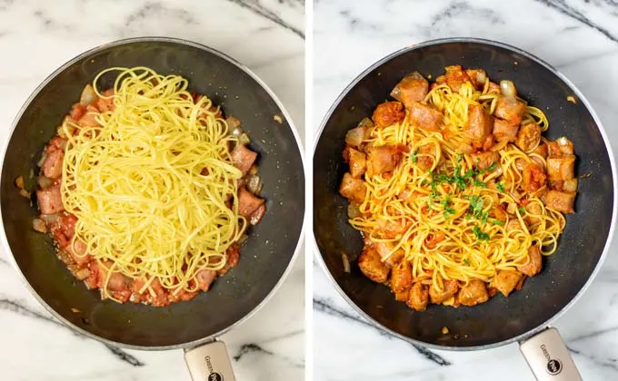 Showing how pre-cooked pasta is given to the frying pan with the tomato-sausage sauce, and after mixing.