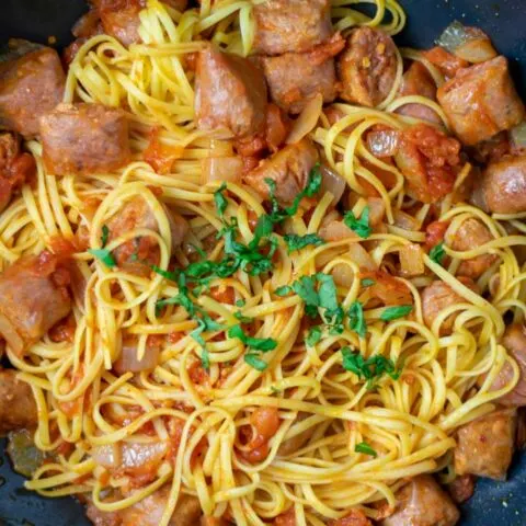 Top view of the pan with the ready to eat Tomato Pasta.