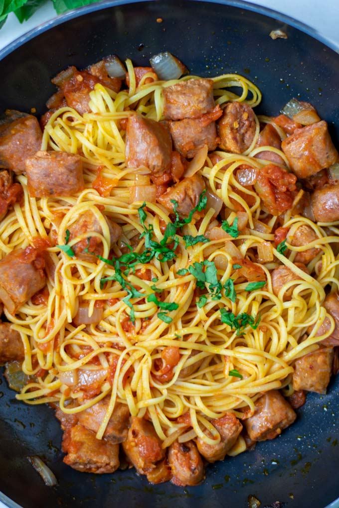 Top view of the pan with the ready to eat Tomato Pasta.