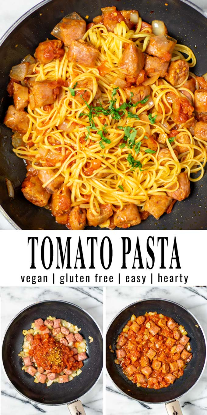 Collage of two pictures of the Tomato Pasta with recipe title text.