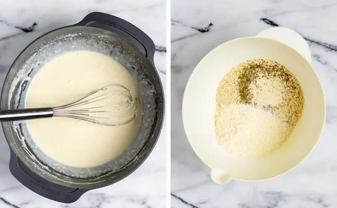 In a large bowl, breadcrumbs, vegan Parmesan, and spices are combined.