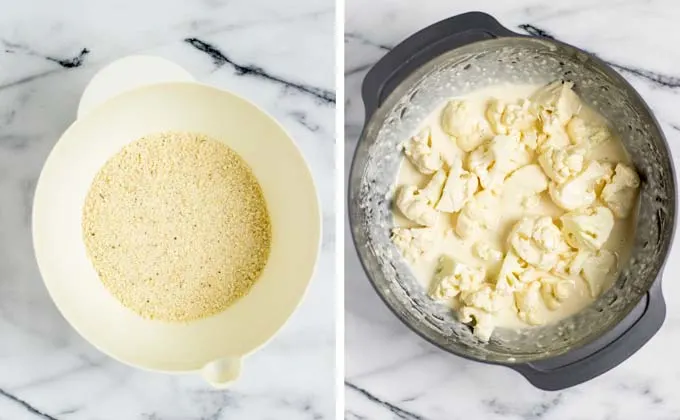 Showing for cauliflower florets are fist dipped in the sauce.